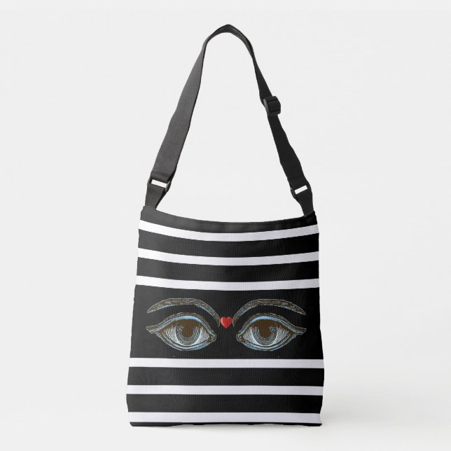 Mystic Eyes on Black & White Striped Crossbody Bag (Front)