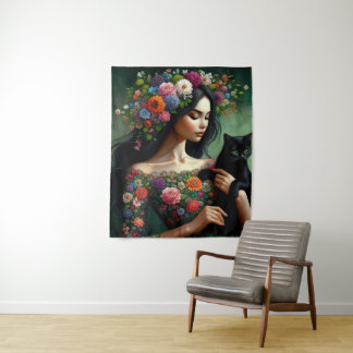 Mystic Floral Goddess with Black Cat – Fantasy Art Tapestry
