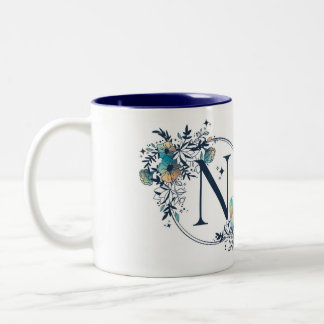 Mystic Floral Monogram Initial - Letter N Two-Tone Coffee Mug