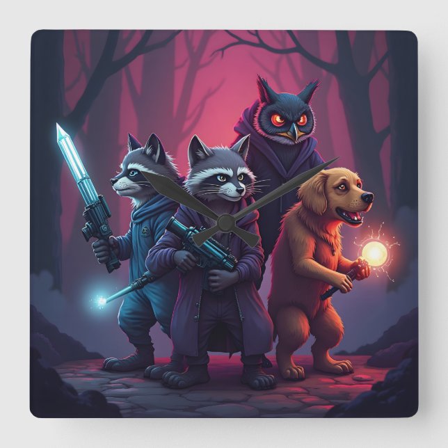 Mystic Forest Animal Warrior Art  Square Wall Clock (Front)