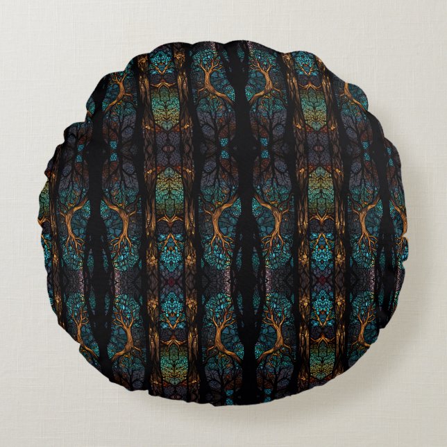 Mystic Forest Mosaic Blue & Black pattern Cushion  (Front)