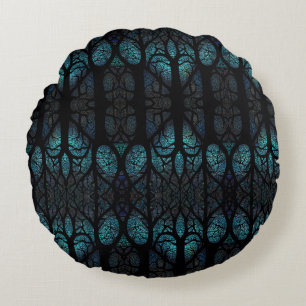 Mystic Forest Mosaic Blue & Black pattern  Round Cushion