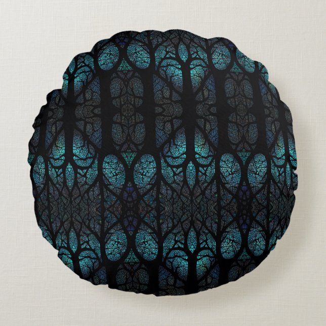 Mystic Forest Mosaic Blue & Black pattern  Round Cushion (Front)