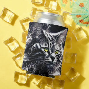 Mystic Gaze: Black & Silver Abstract Cat Can Cooler