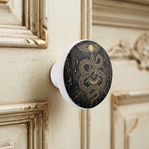 Mystic Gold Snaket Sun Celestial Astrology Art Ceramic Knob