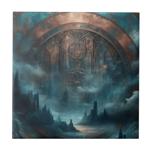 Mystic Gothic Steampunk Art - Blue Copper Patina  Ceramic Tile (Front)