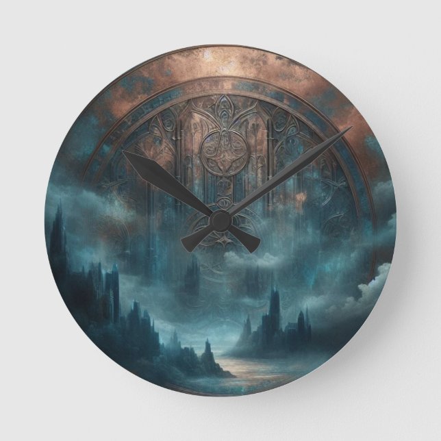 Mystic Gothic Steampunk Art - Blue Copper Patina  Round Clock (Front)