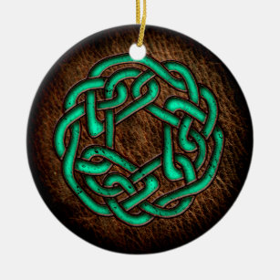 Mystic green celtic knot on leather ceramic ornament