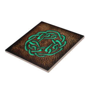 Mystic green celtic knot on leather tile