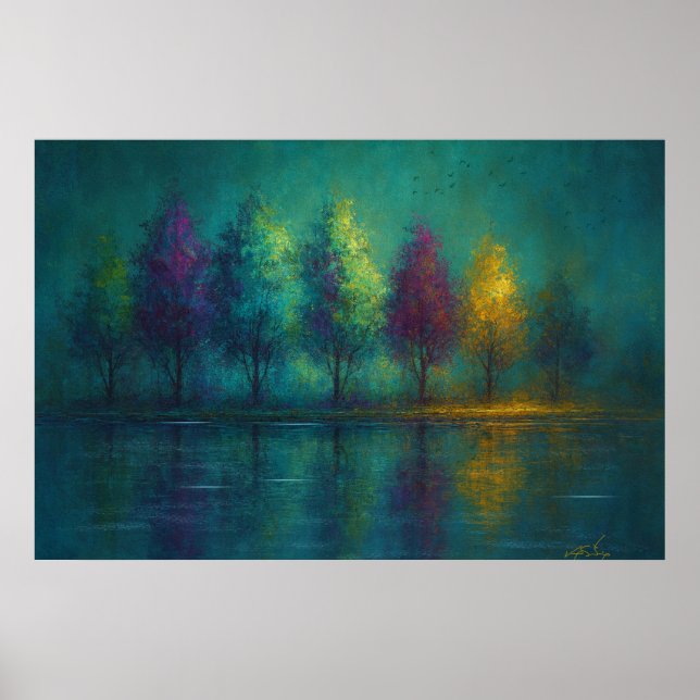Mystic Grove - Reflections Colorful Trees at Dusk Poster (Front)