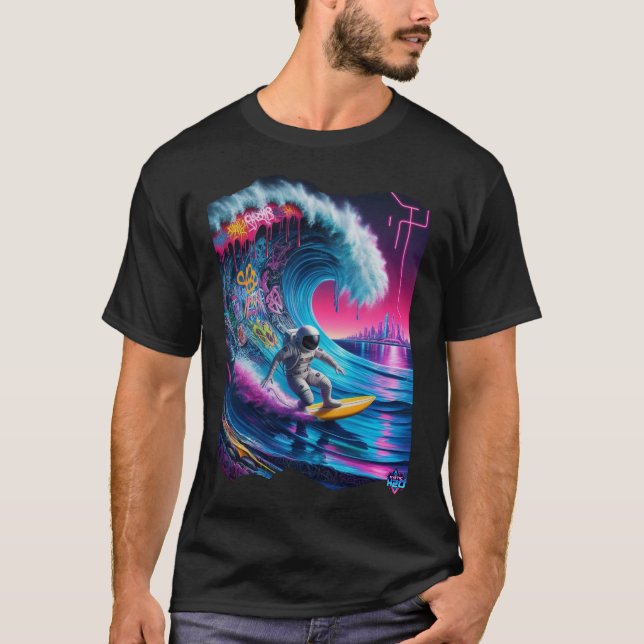 Mystic H2O Astronaut Surfer Riding Cosmic Wave T-Shirt (Front)
