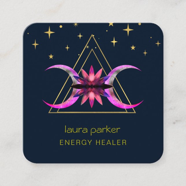  Mystic Lotus Flower Crescent Moon Healing Energy Square Business Card (Front)