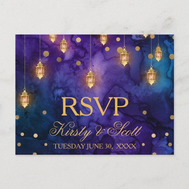 Mystic Marrakesh Night Lanterns Wedding RSVP Postcard (Front)