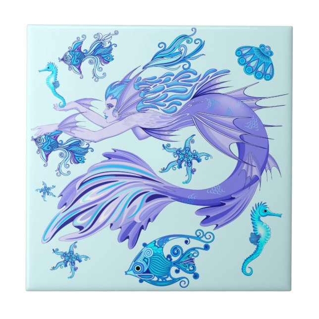 Mystic Mermaid Fairy Purple Creature Ceramic Tile (Front)