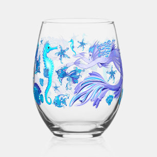 Mystic Mermaid Fairy Purple Creature Ceramic Tile Stemless Wine Glass