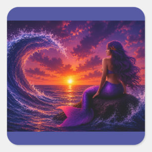 Mystic Mermaid Wave Fantasy Sunset Ocean Art Square Sticker