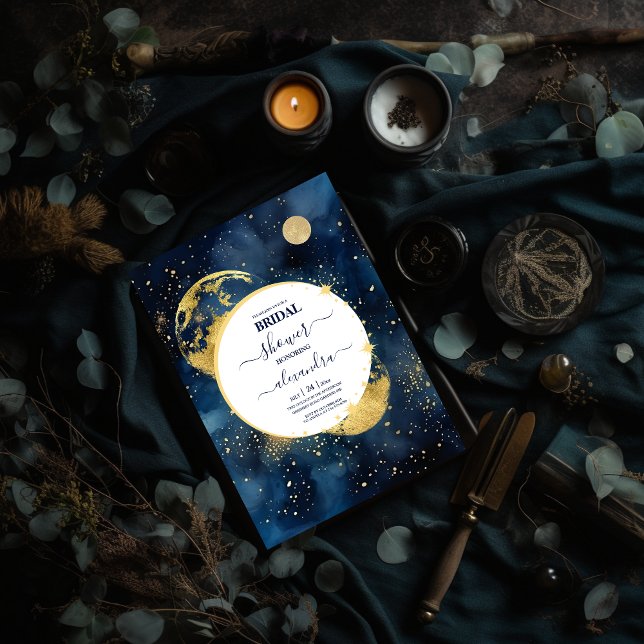 Mystic Midnight Blue and Gold Watercolor Bridal Invitation (Creator Uploaded)