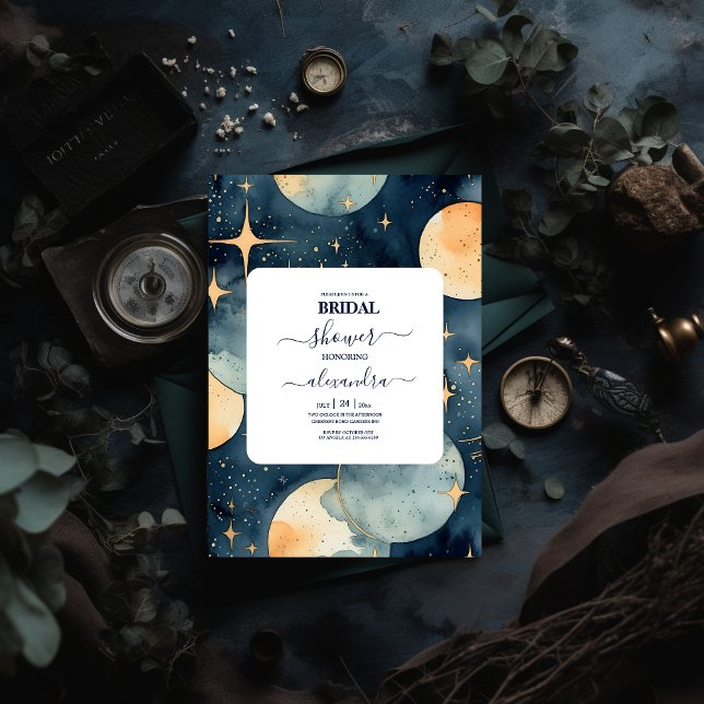Mystic Midnight Blue and Gold Watercolor Bridal Invitation (Creator Uploaded)