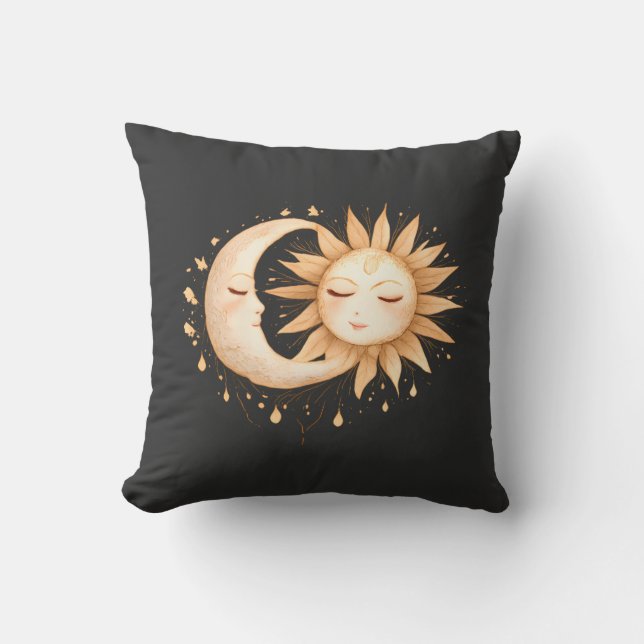 Mystic Moon and Sun Celestial Boho Style Cushion (Front)