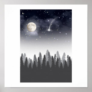 Mystic Moon Forest Starry Night Landscape Poster