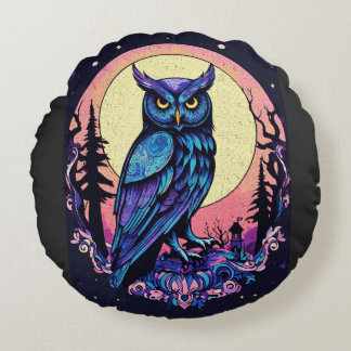 Mystic Moon Owl TShirt  Enchanting Nocturnal Style Round Cushion