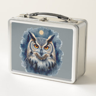 Mystic Moon Owl Watercolor Art | Celestial Forest Metal Lunch Box