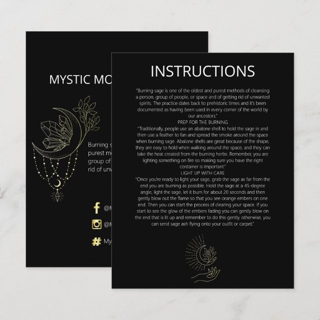Mystic Moon Sage Cleansing Instructions Card (Front/Back)