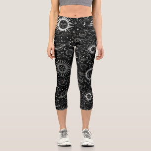 Mystic  Moon Stars Sun Planet Psychedelics Art Capri Leggings