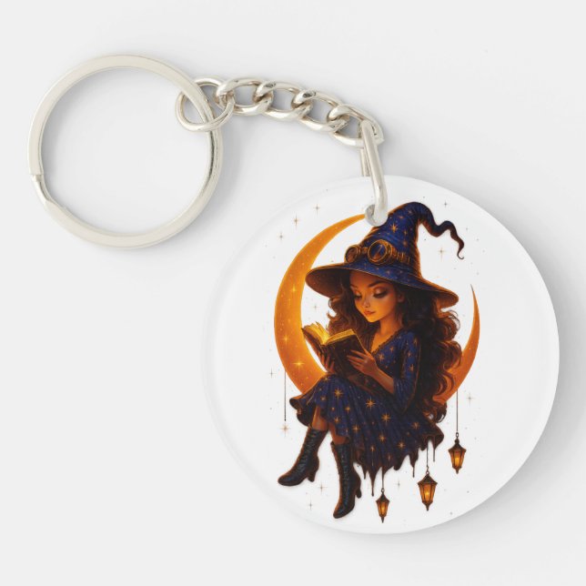 "Mystic Moon Witch – Framed Ceramic Art Tile" Key Ring (Front)