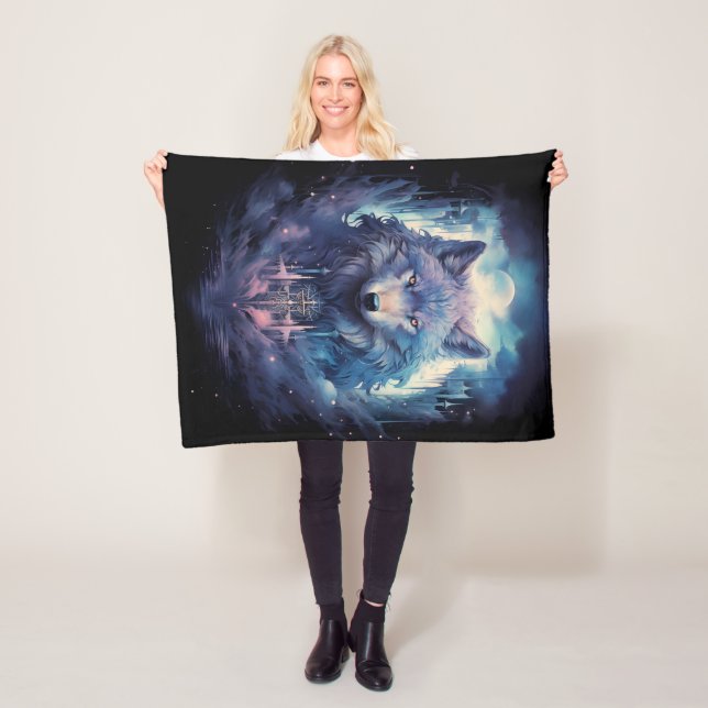 Mystic Moon Wolf Guardian Fleece Blanket (In Situ)