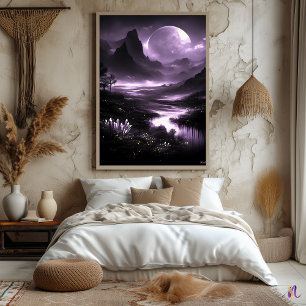 Mystic Moonlit Valley – Monochrome Fantasy Poster
