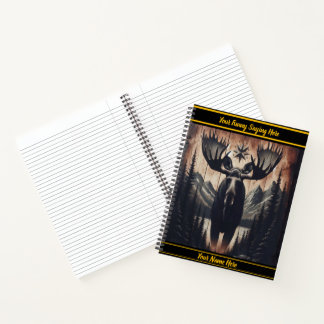 Mystic moose carving on dark wood notebook