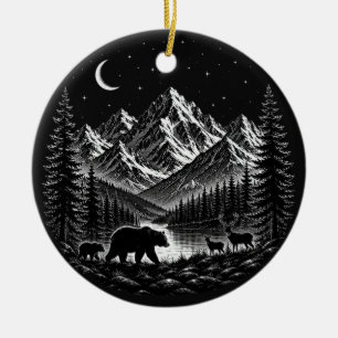 Mystic Mountain Wilderness Night Linocut Style Ceramic Ornament