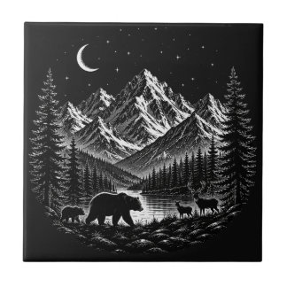 Mystic Mountain Wilderness Night Linocut Style Ceramic Tile