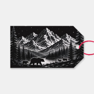 Mystic Mountain Wilderness Night Linocut Style Gift Tags