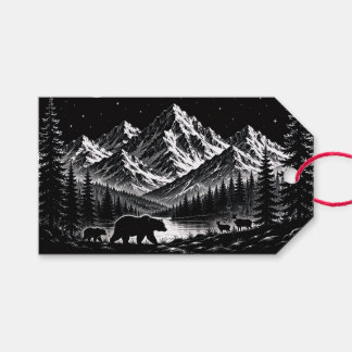 Mystic Mountain Wilderness Night Linocut Style Gift Tags