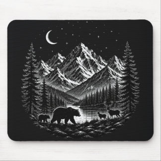 Mystic Mountain Wilderness Night Linocut Style Mouse Pad