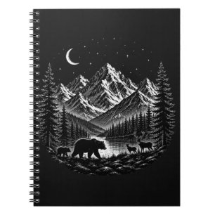 Mystic Mountain Wilderness Night Linocut Style Notebook
