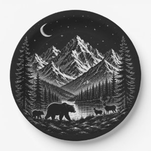 Mystic Mountain Wilderness Night Linocut Style Paper Plate