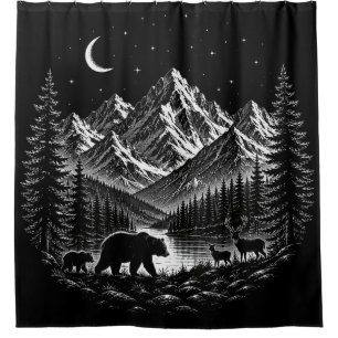 Mystic Mountain Wilderness Night Linocut Style Shower Curtain