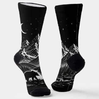 Mystic Mountain Wilderness Night Linocut Style Socks