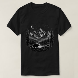 Mystic Mountain Wilderness Night Linocut Style T-Shirt
