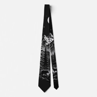 Mystic Mountain Wilderness Night Linocut Style Tie