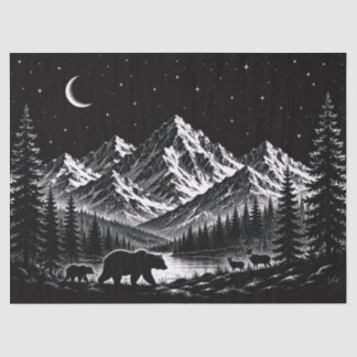Mystic Mountain Wilderness Night Linocut Style Tissue Paper