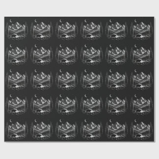 Mystic Mountain Wilderness Night Linocut Style Wrapping Paper