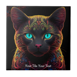 Mystic Neon Mandala Cat Psychedelic Feline Fantasy Ceramic Tile