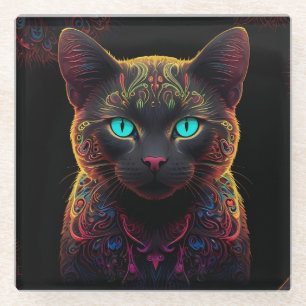 Mystic Neon Mandala Cat Psychedelic Feline Fantasy Glass Coaster