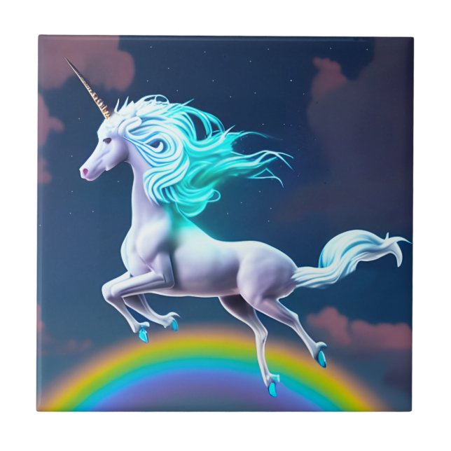 Mystic Night Flying Unicorn Rainbow Ceramic Tile (Front)