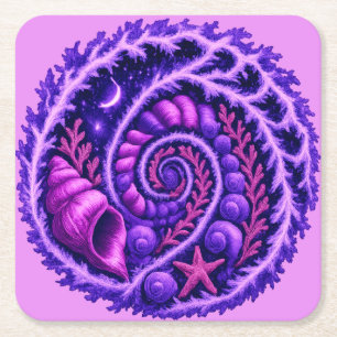 Mystic Ocean Spiral Galaxy Shell Art Purple Cosm Square Paper Coaster