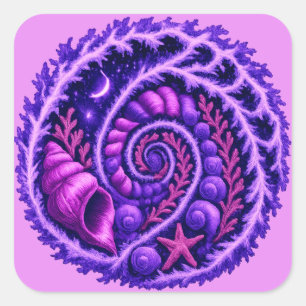 Mystic Ocean Spiral Galaxy Shell Art   Purple Cosm Square Sticker
